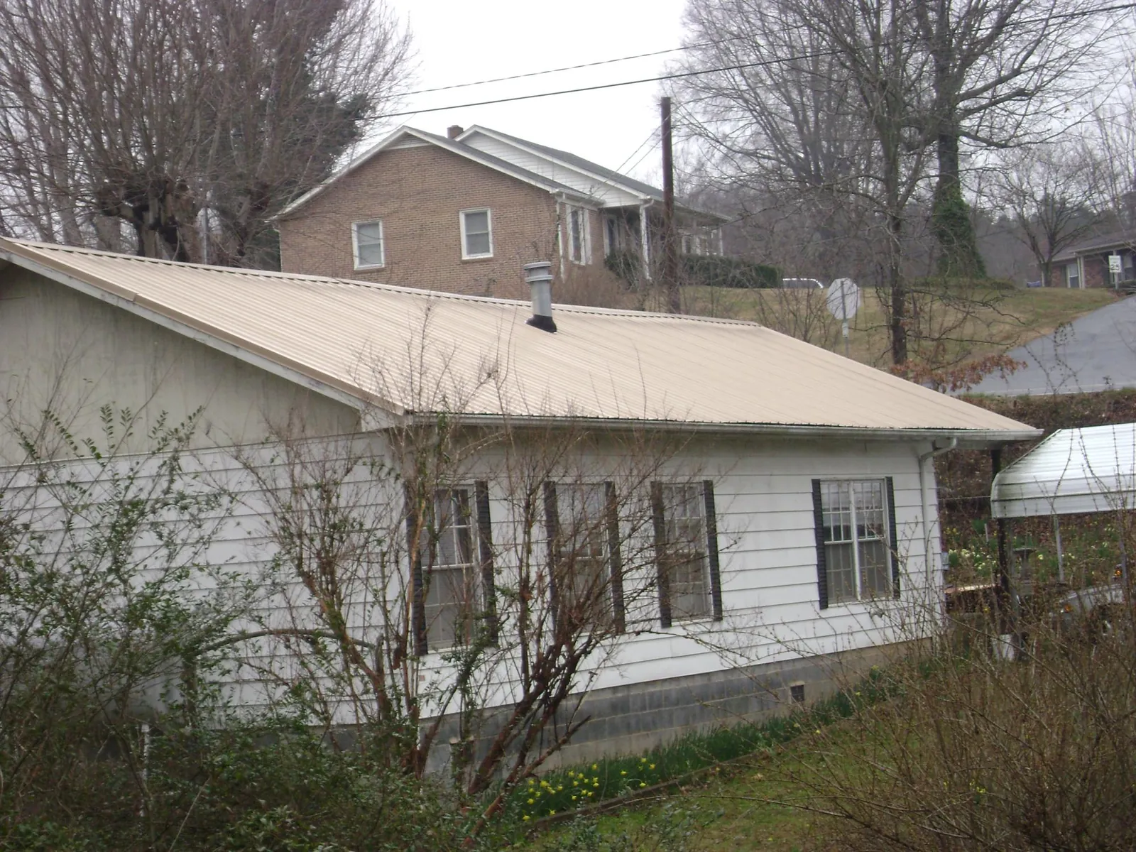 Tan metal roof on a white sided house set into a hillside — Commercial Roofing by Roofing Brothers in Sabula